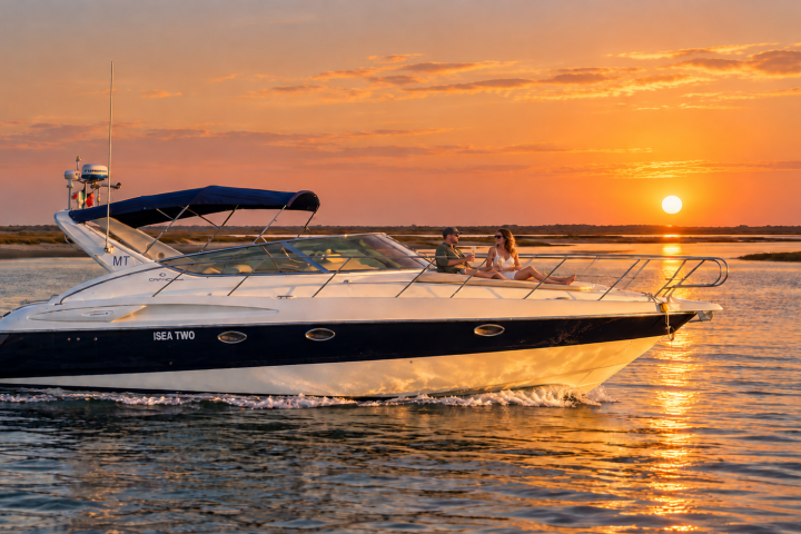 Motor yacht on water at sunset with people on deck.