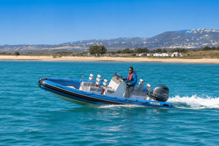 A person driving a small blue motorboat on a calm lake with hills in the background.